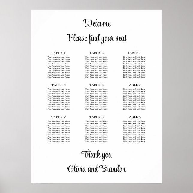 Poster Cartaz de Plano de Assentos de Casamento de Mesa 9 (Frente)