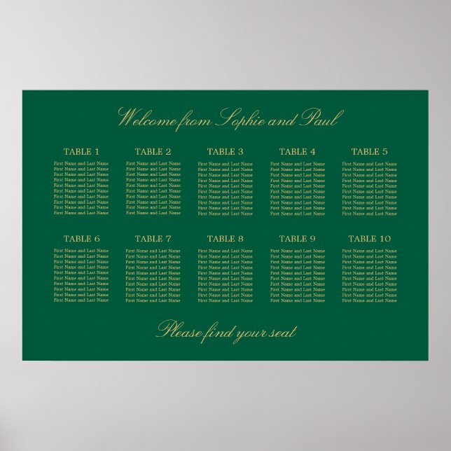 Poster Cartaz de Plano de Assentos de Mesa Verde Dourado  (Frente)