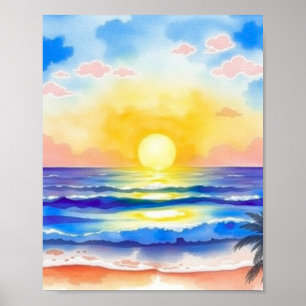 Poster Cartaz de Pôr do Sol no Oceano em Aquarela com Luz
