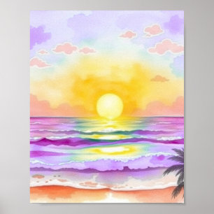Poster Cartaz de Pôr do Sol no Oceano em Aquarela com Luz