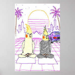 Poster Cartaz de pôr do sol retrô de cockatiels Vaporwave