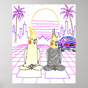 Poster Cartaz de pôr do sol retrô de cockatiels Vaporwave
