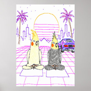 Poster Cartaz de pôr do sol retrô de Vaporwave Cockatiels