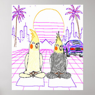 Poster Cartaz de pôr do sol retrô de Vaporwave Cockatiels