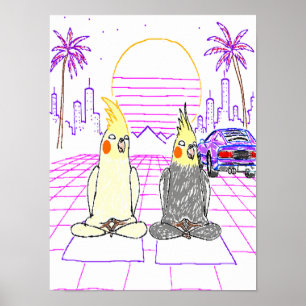 Poster Cartaz de pôr do sol retrô de Vaporwave Cockatiels