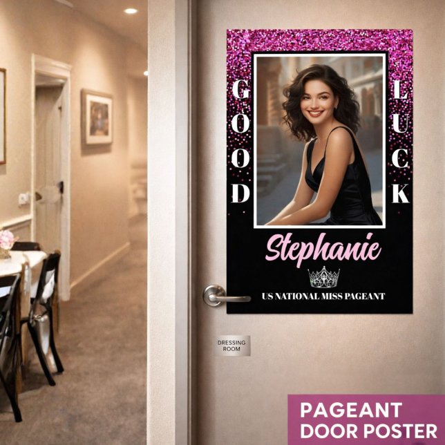 Poster Cartaz de Porta do Concurso Sorte Brilho Rosa (Custom pageant send-off door poster for contestants, titleholders, pageant moms, and supporters)