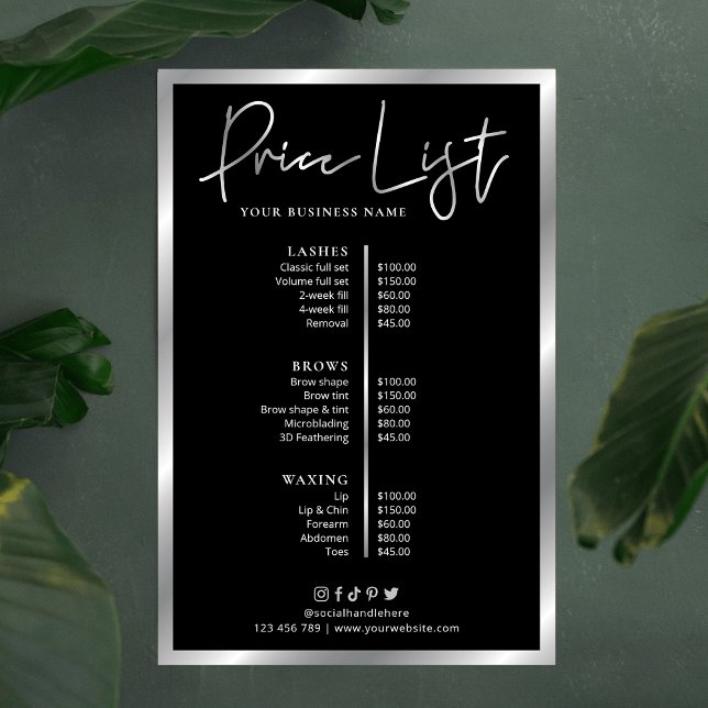 Poster Cartaz de Preços de Negócios Preto e Prata Moderno (Black and silver beauty salon, spa or small business pricing list poster)