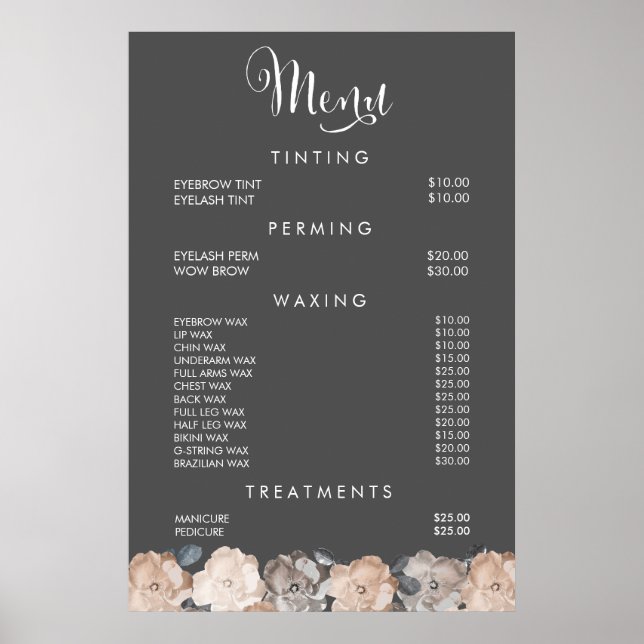 Pôster Cartaz de Preços do Menu de Beleza de Cabelo Salão (Frente)