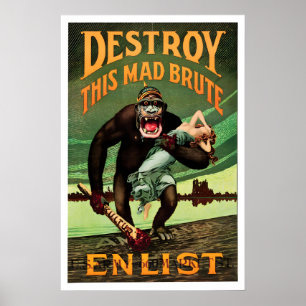Poster Cartaz de Propaganda Anti-Alemã da Primeira Guerra
