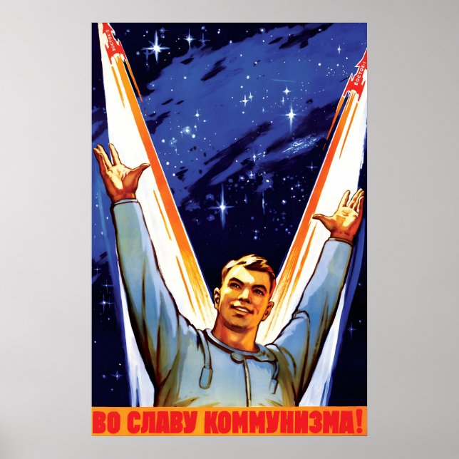 Poster Cartaz de Propaganda da Corrida Espacial Soviética (Frente)