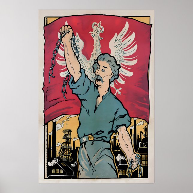 Poster Cartaz de Propaganda da Polônia Trabalhadores Queb (Frente)