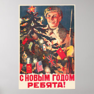 Poster Cartaz de propaganda soviético de Ano Novo Feliz d