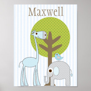 Pôster Cartaz de quarto de bebê azul com girafa e elefant