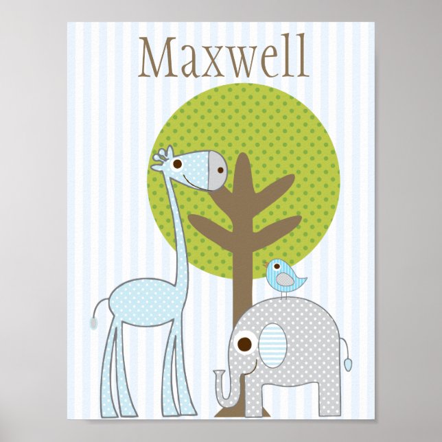 Pôster Cartaz de quarto de bebê azul com girafa e elefant (Frente)
