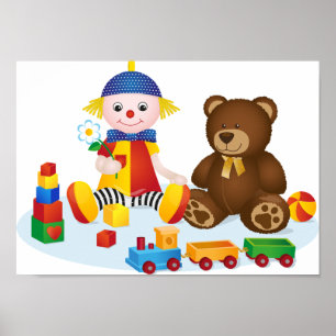 Poster Cartaz de quarto de bebé com ursinho e palhaço