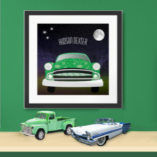 Poster Cartaz de quarto de menino de carro retrô verde mé