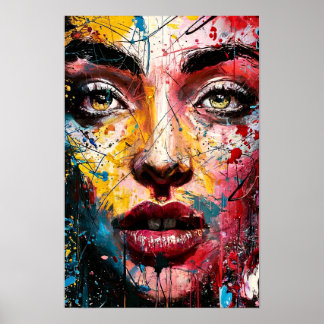 Poster Cartaz de Retrato Abstrato de Mulher com Cores Vib