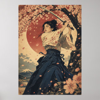 Poster Cartaz de retrato de mulher japonesa sol vermelho