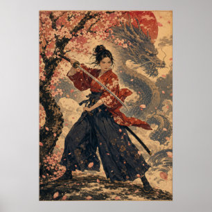 Poster Cartaz de retrato de mulher japonesa sol vermelho