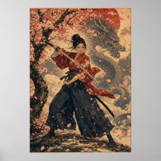 Poster Cartaz de retrato de mulher japonesa sol vermelho