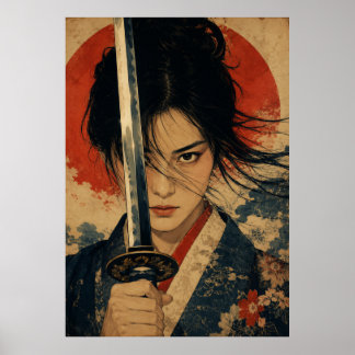 Poster Cartaz de retrato de mulher japonesa sol vermelho