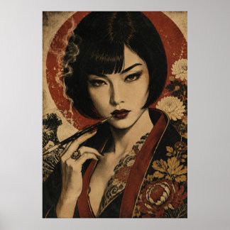 Poster Cartaz de retrato de mulher japonesa sol vermelho