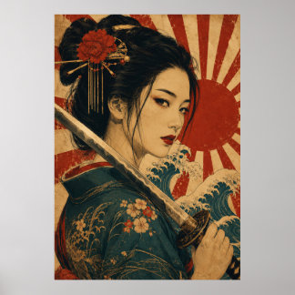 Poster Cartaz de retrato de mulher japonesa sol vermelho