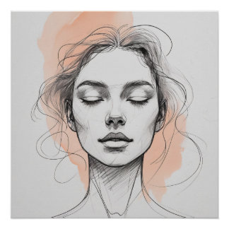 Pôster Cartaz de Retrato Feminino em Arte de Linha Elegan