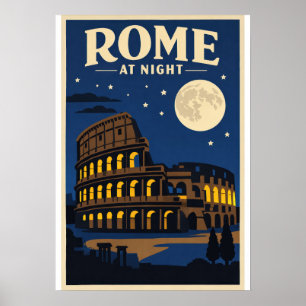 Poster Cartaz de Roma à Noite   Coliseu Luar Vintage