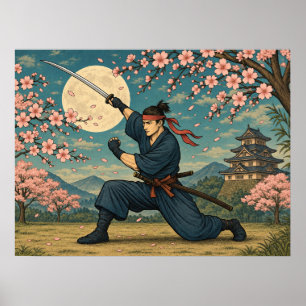 Poster Cartaz de Samurai Japonês Lua Cheia Flor de Cereje