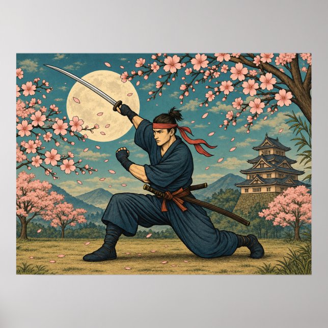 Poster Cartaz de Samurai Japonês Lua Cheia Flor de Cereje (Frente)