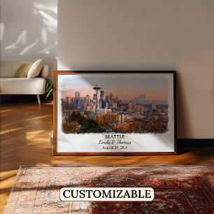 Poster Cartaz de Seattle Washington, Aquarela, Personaliz
