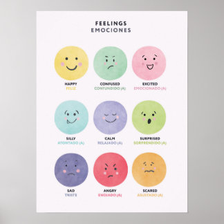 Poster Cartaz de Sentimentos Bilíngue em Espanhol para Cr