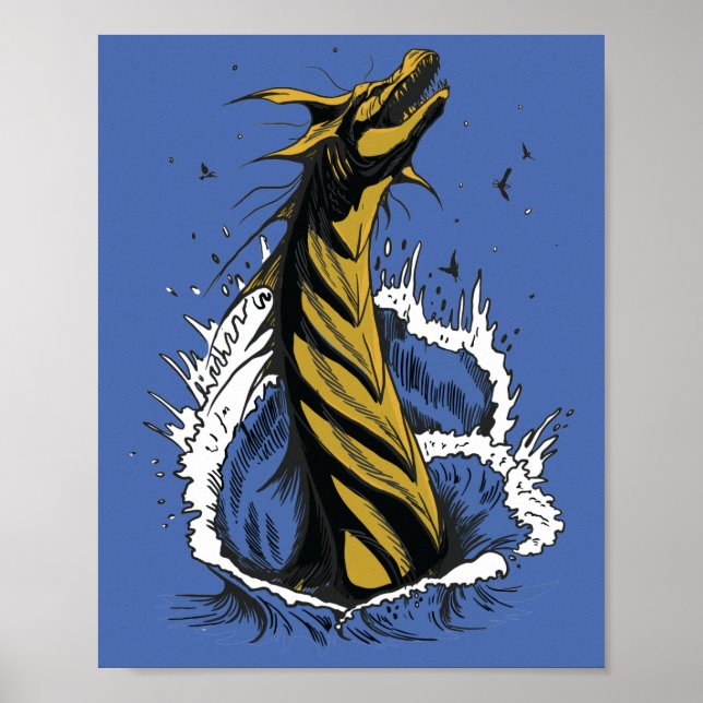 Poster Cartaz de Serpente Monstro Marinho Dourado Ondas d (Frente)