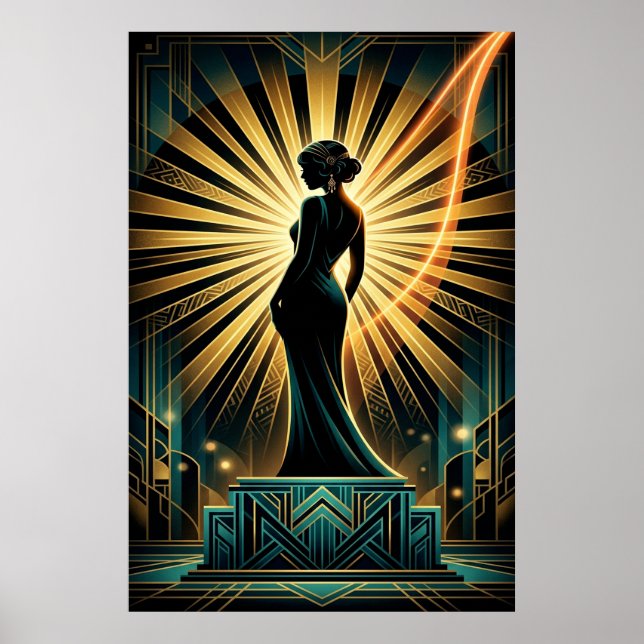Poster Cartaz de Silhueta Dourada de Mulher Art Deco Eleg (Frente)