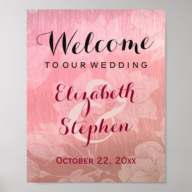 Poster Cartaz de Sinal de Casamento Floral em Rosa Dourad (Frente)