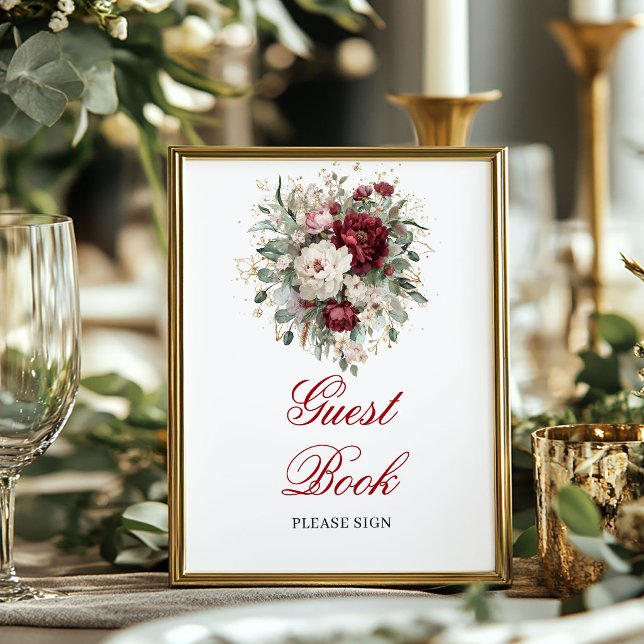 Poster Cartaz de Sinal de Livro de Visitantes de Blush Bu (Premium Blush Burgundy Guest Book Poster Sign)