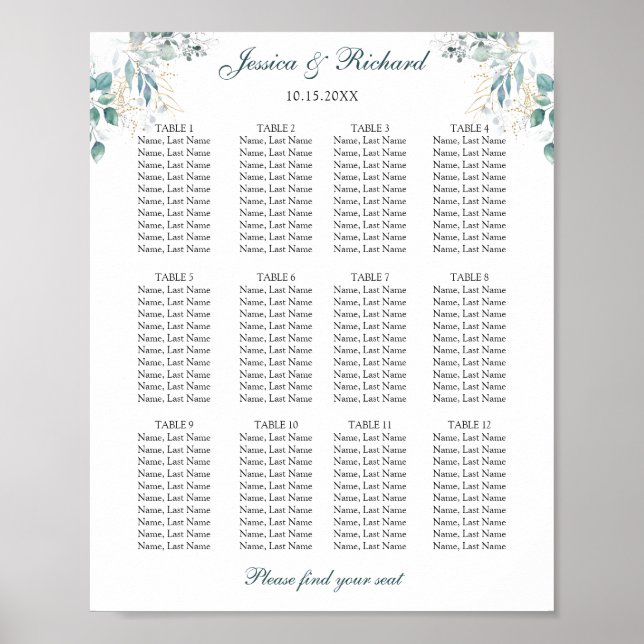 Poster Cartaz de Sinalização do Gráfico de Assentos de 12 (Frente)