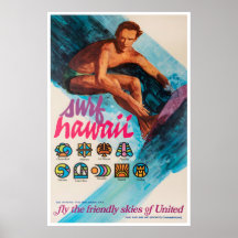 Cartaz de Surf do Havaí Arte da United Airlines On