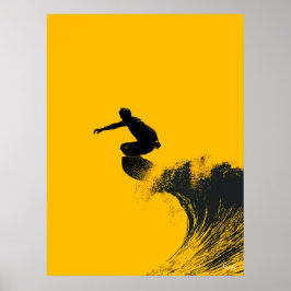 Poster Cartaz de Surfista – Silhueta Preta em Onda Amarel