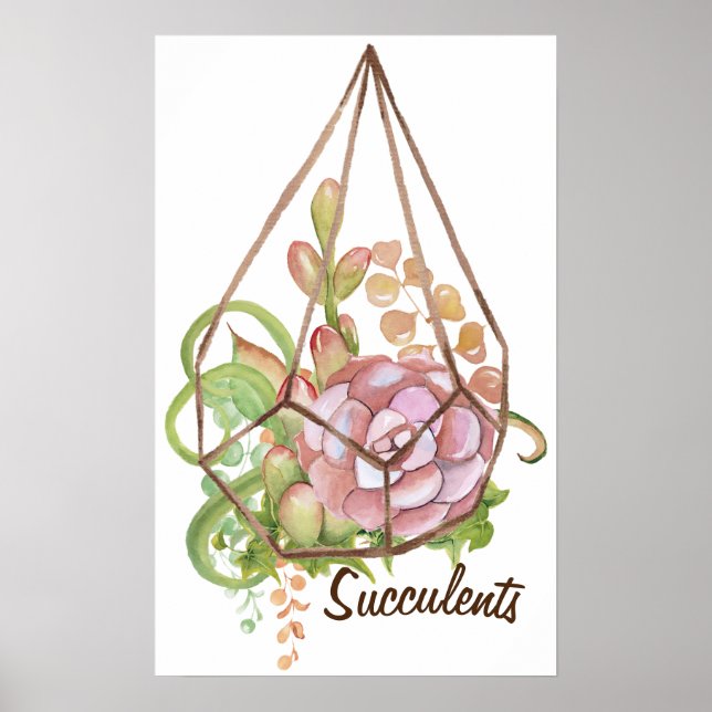 Pôster Cartaz de Terrário de Suculentas em Aquarela (Frente)
