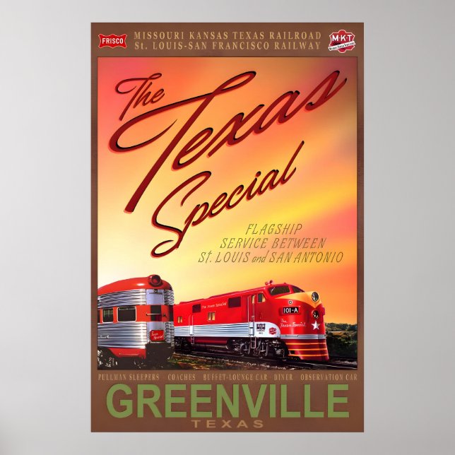 Poster Cartaz de Trem Especial Retro Greenville Texas MKT (Frente)