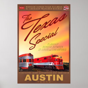 Poster Cartaz de Trem Retro Especial Austin Texas MKT Kat