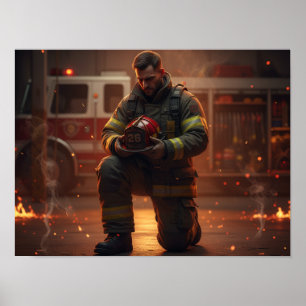 Poster Cartaz de Tributo ao Bombeiro ajoelhado