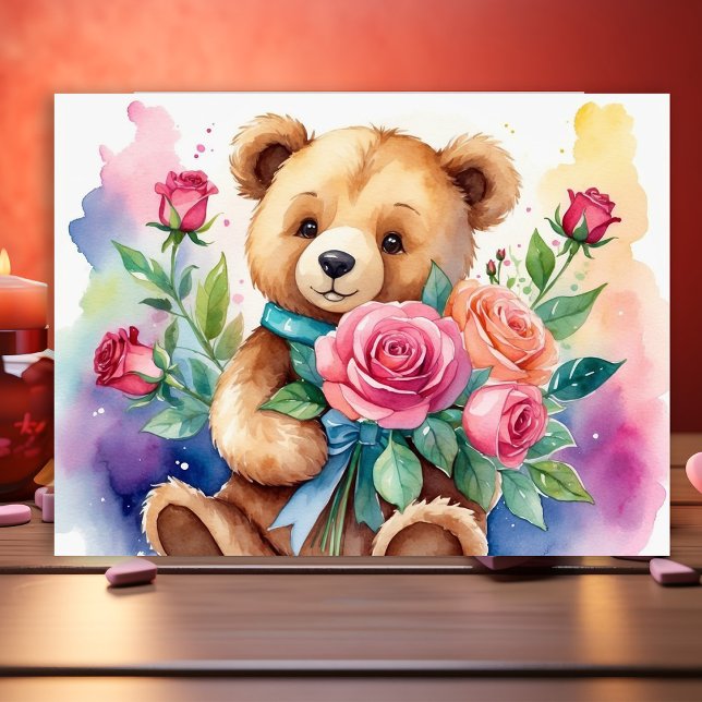 Poster Cartaz de Urso de Pelúcia com Rosas em Aquarela (Criador carregado)