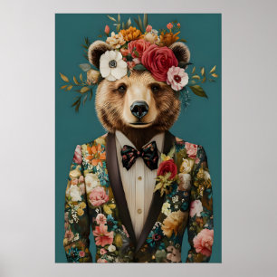 Poster Cartaz de Urso de Terno, Retrato de Urso, Óleo de