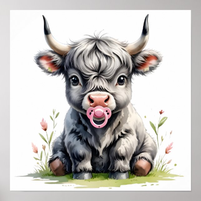 Poster Cartaz de Vaca Bebê Floral Rosado de Highland (Frente)