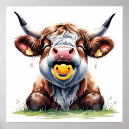 Poster Cartaz de Vaca Highland Bebê Floral Rosado