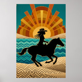 Poster Cartaz de Vaqueira Art Deco Cavalo Pôr do Sol Turq