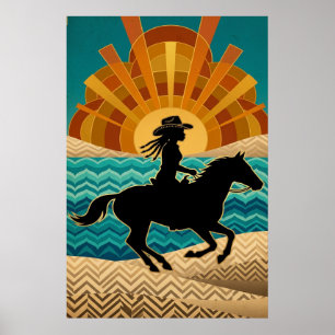 Poster Cartaz de Vaqueira Art Deco Cavalo Pôr do Sol Turq